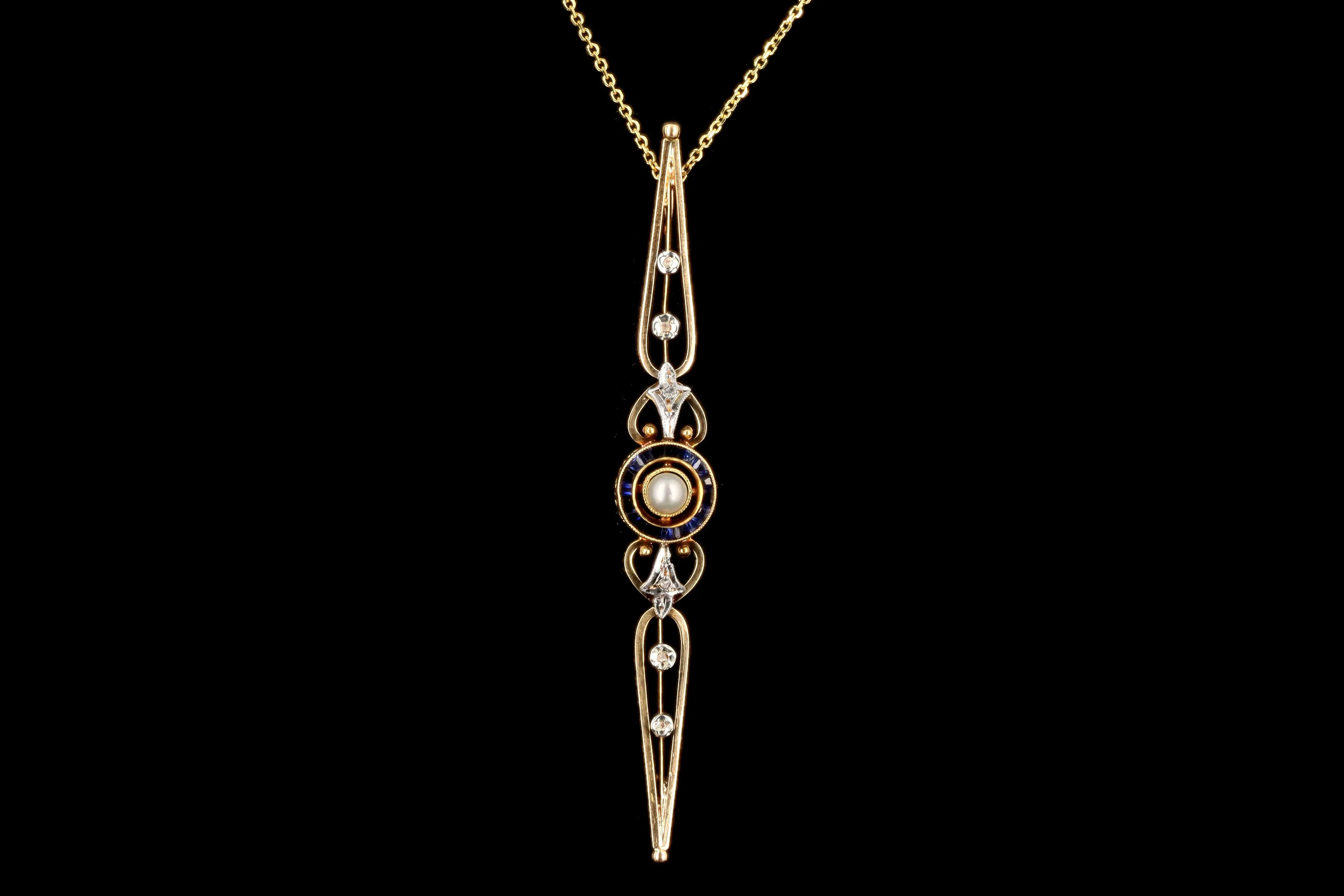 Victorian 18K Yellow Gold Cultured Pearl, Synthetic Sapphire, & Diamond Bar Pin Conversion Pendant Necklace