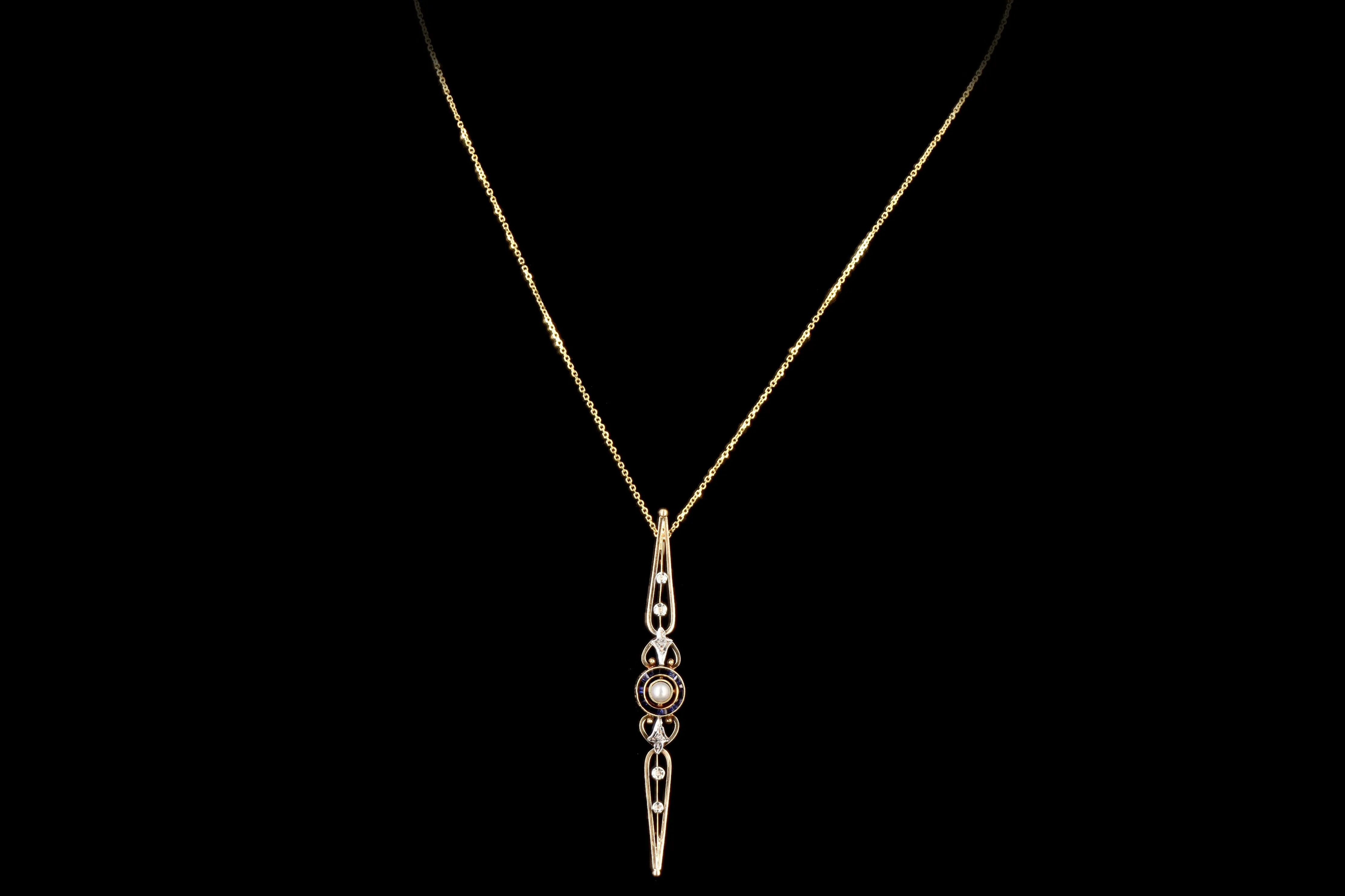 Victorian 18K Yellow Gold Cultured Pearl, Synthetic Sapphire, & Diamond Bar Pin Conversion Pendant Necklace