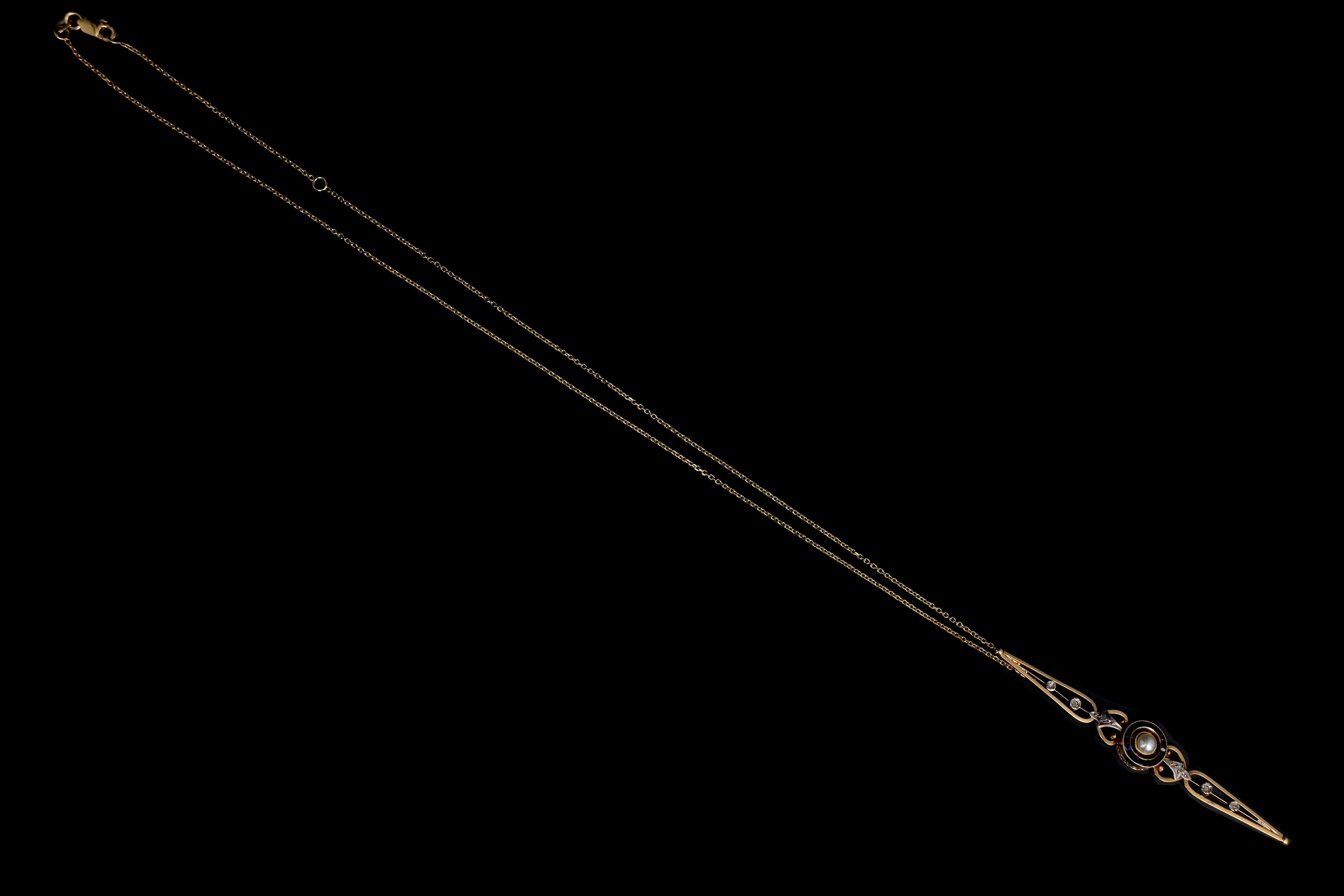 Victorian 18K Yellow Gold Cultured Pearl, Synthetic Sapphire, & Diamond Bar Pin Conversion Pendant Necklace