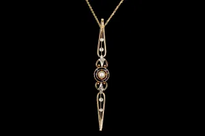 Victorian 18K Yellow Gold Cultured Pearl, Synthetic Sapphire, & Diamond Bar Pin Conversion Pendant Necklace