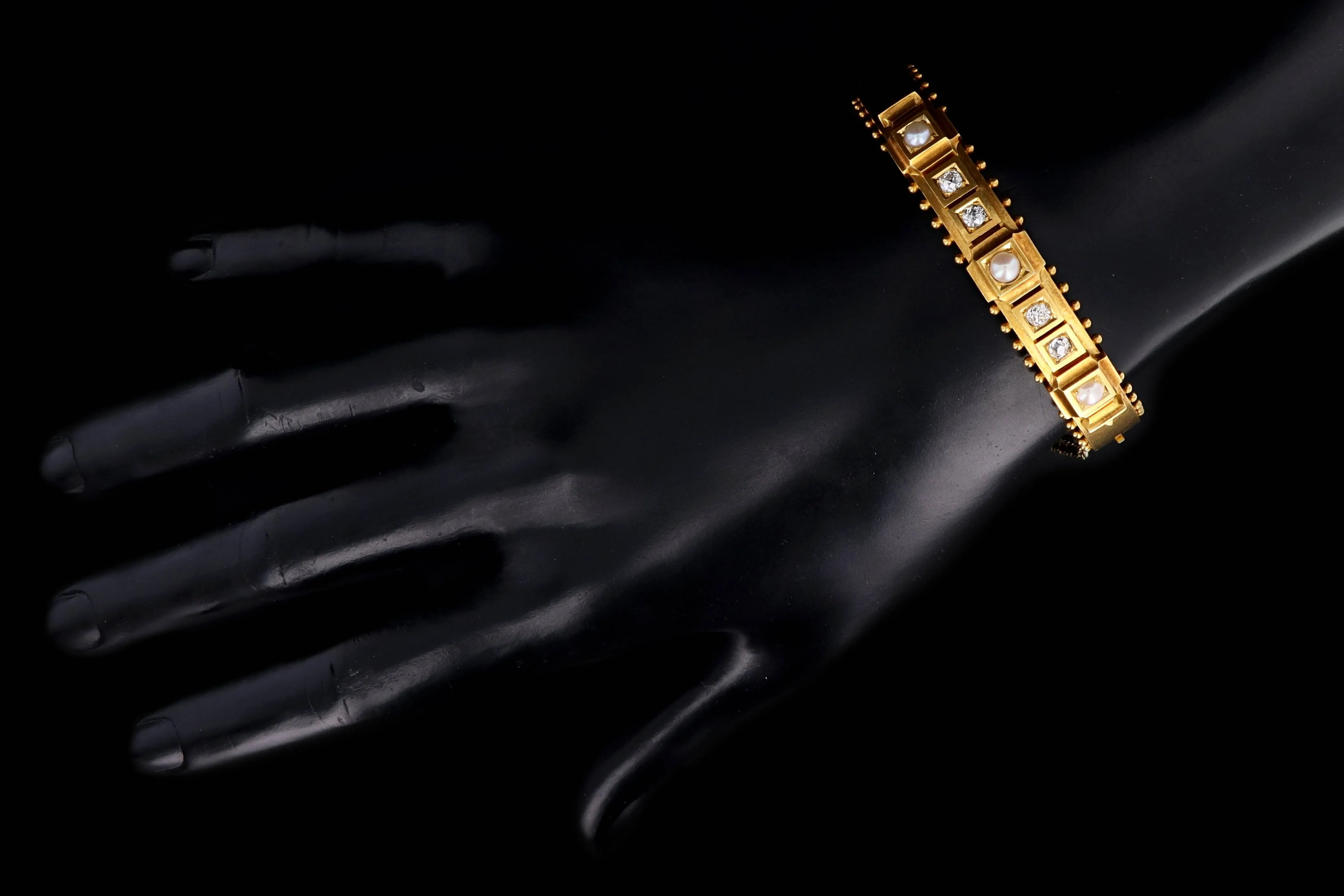 Victorian 18K Yellow Gold Old Mine Cut Diamond & Pearl Bangle Bracelet