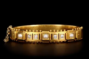 Victorian 18K Yellow Gold Old Mine Cut Diamond & Pearl Bangle Bracelet
