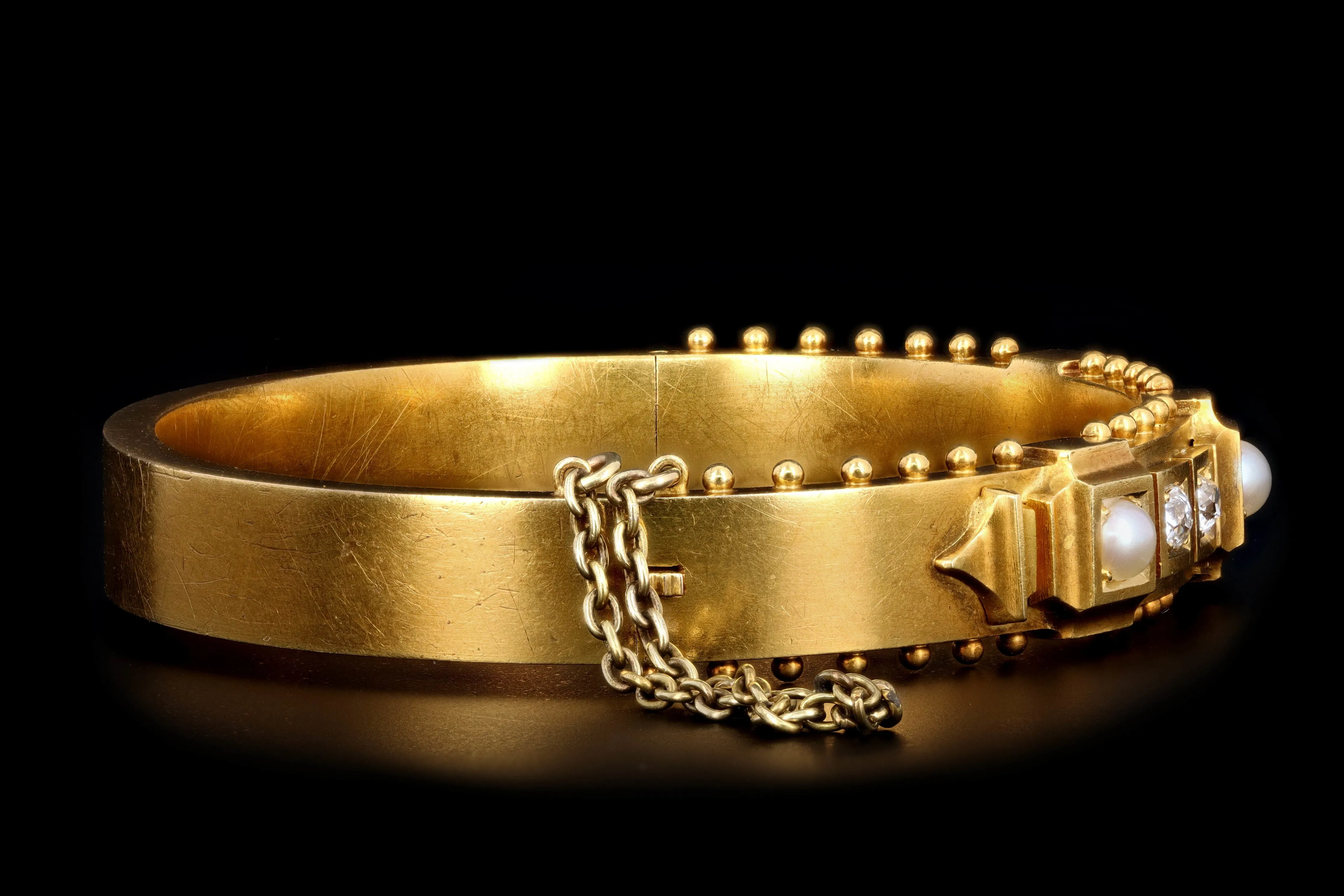 Victorian 18K Yellow Gold Old Mine Cut Diamond & Pearl Bangle Bracelet