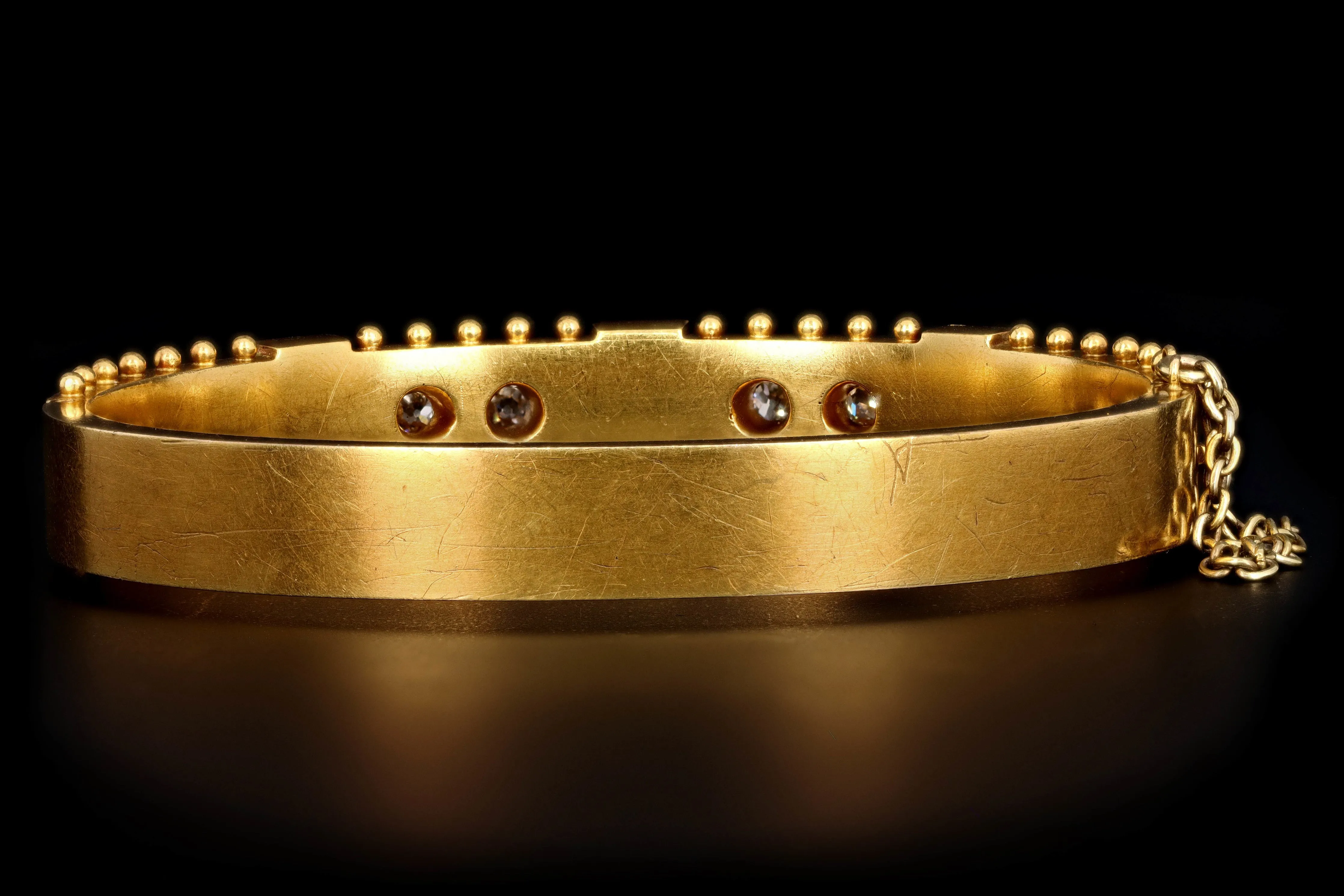 Victorian 18K Yellow Gold Old Mine Cut Diamond & Pearl Bangle Bracelet