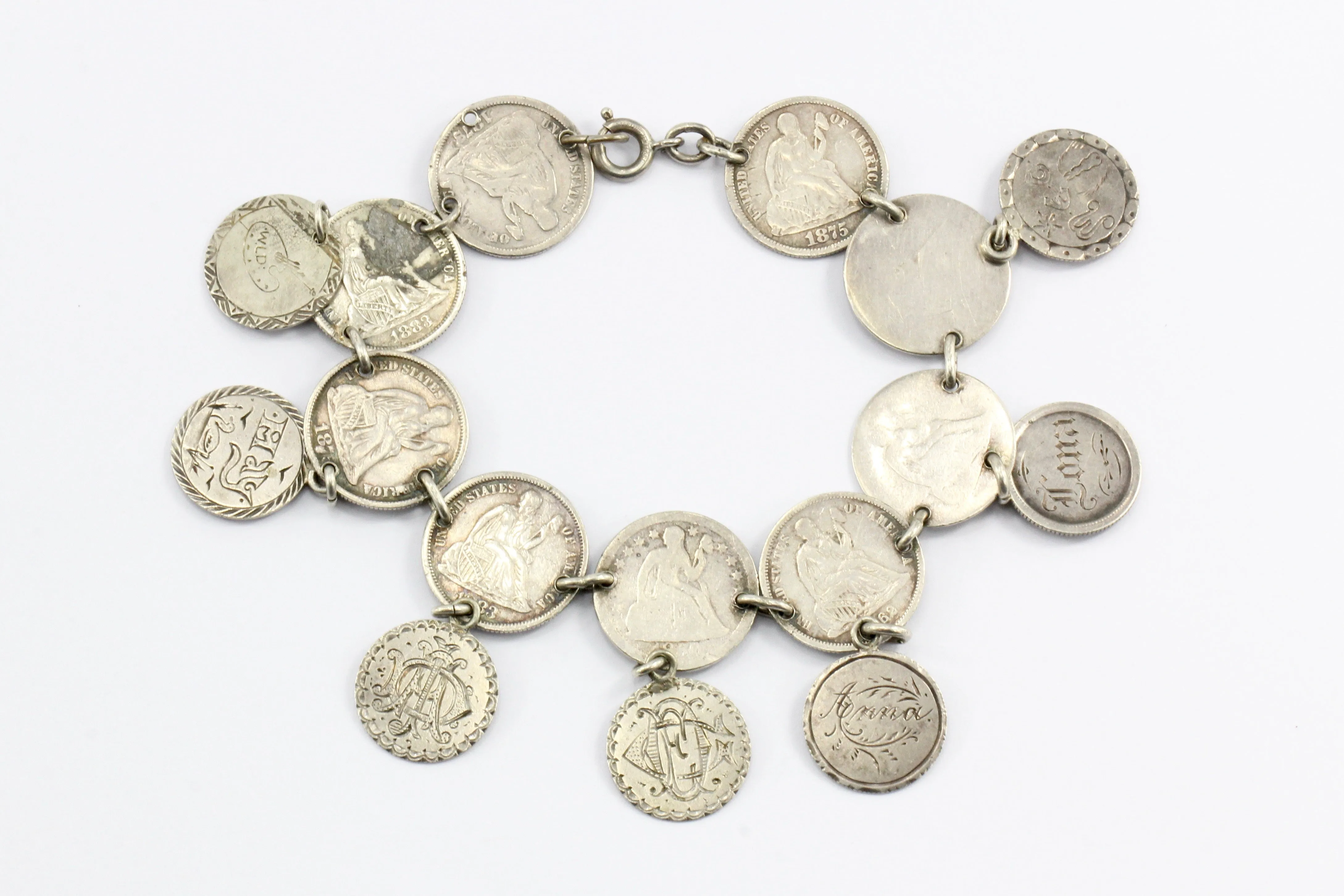 Victorian American Coin Silver Loaded Love Token Bracelet c.1880's