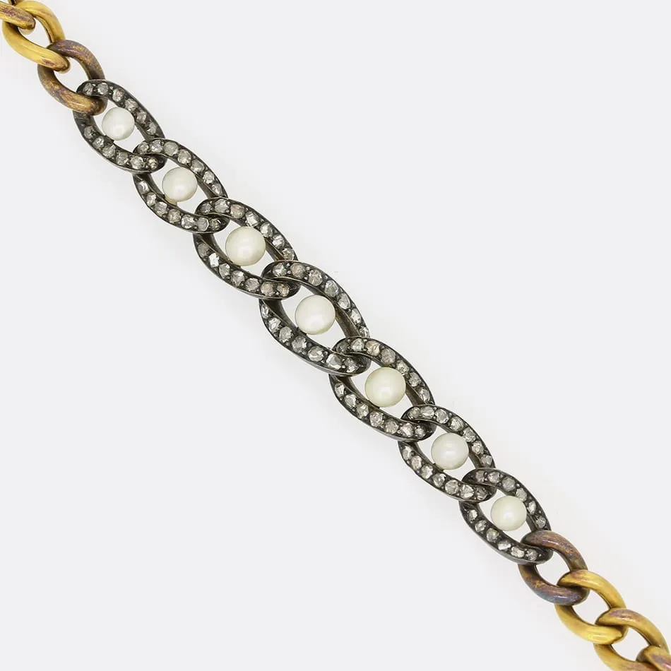 Victorian Rose Cut Diamond and Natural Pearl Bracelet