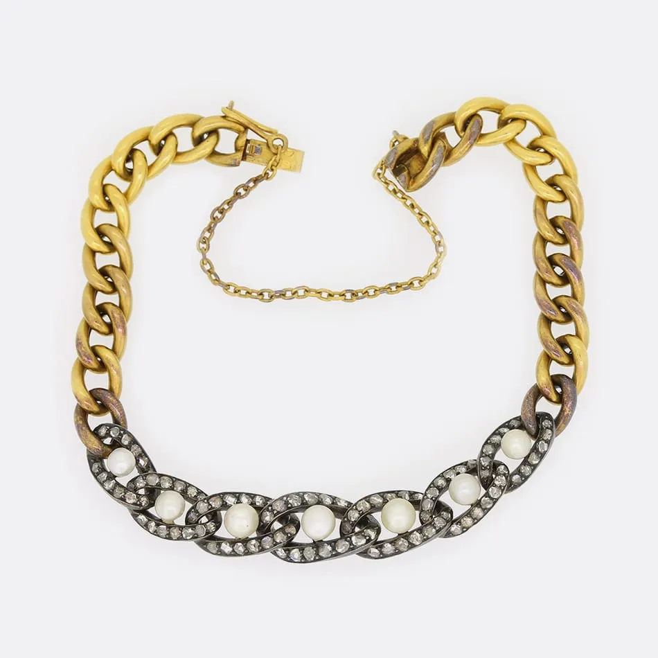 Victorian Rose Cut Diamond and Natural Pearl Bracelet