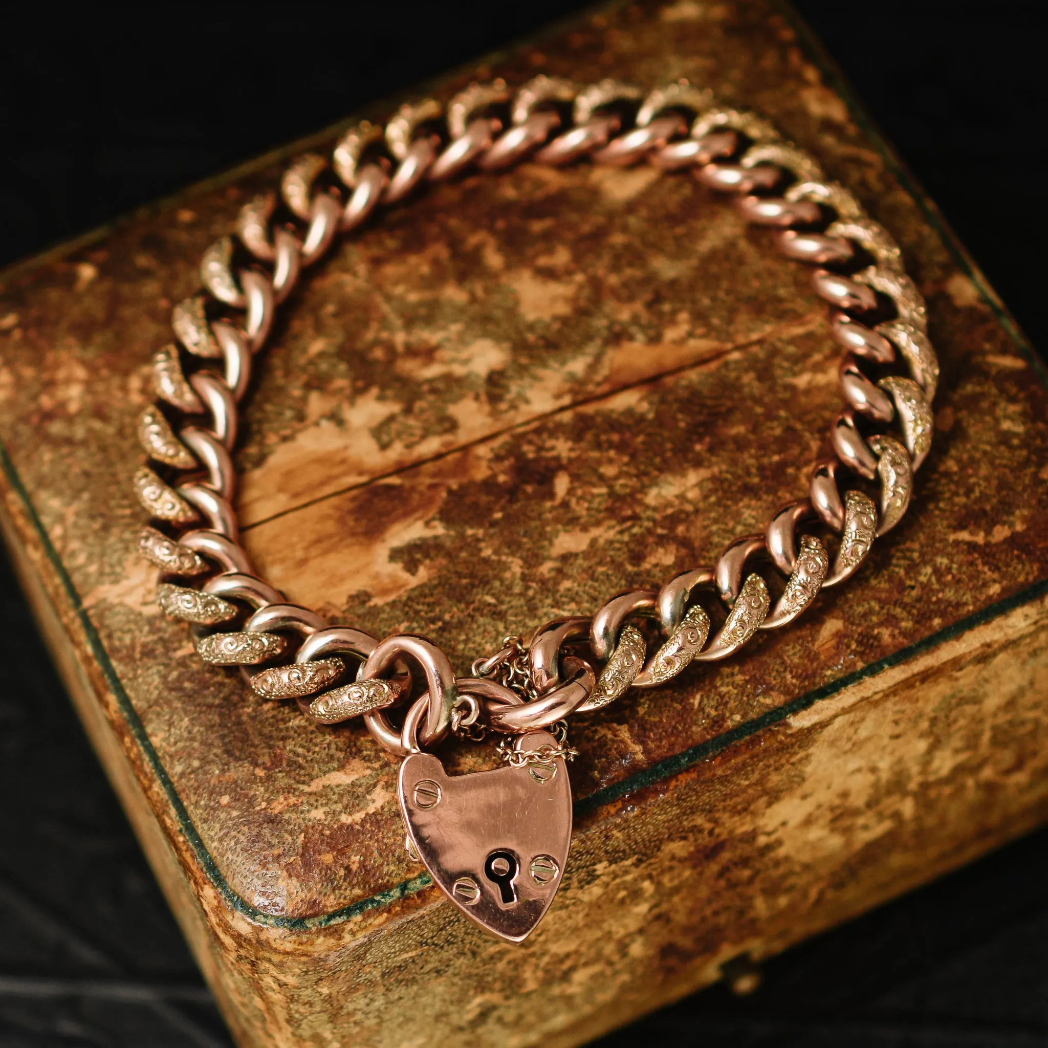 Victorian Rose Gold Curb-Link Bracelet with Heart Padlock