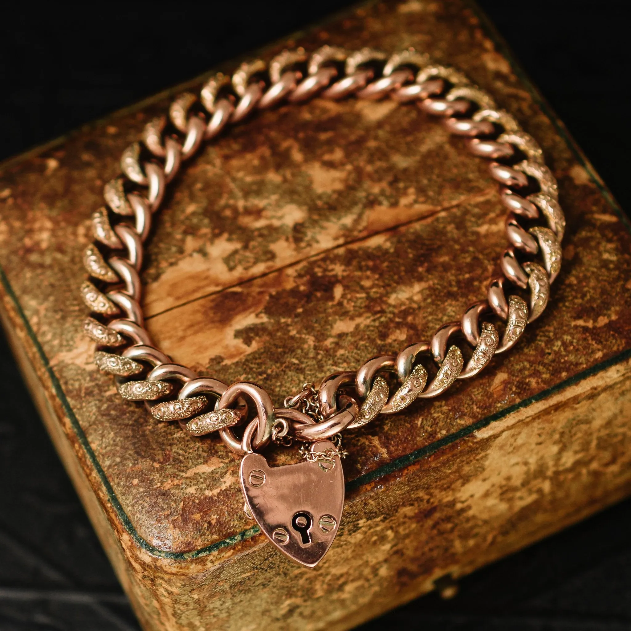 Victorian Rose Gold Curb-Link Bracelet with Heart Padlock
