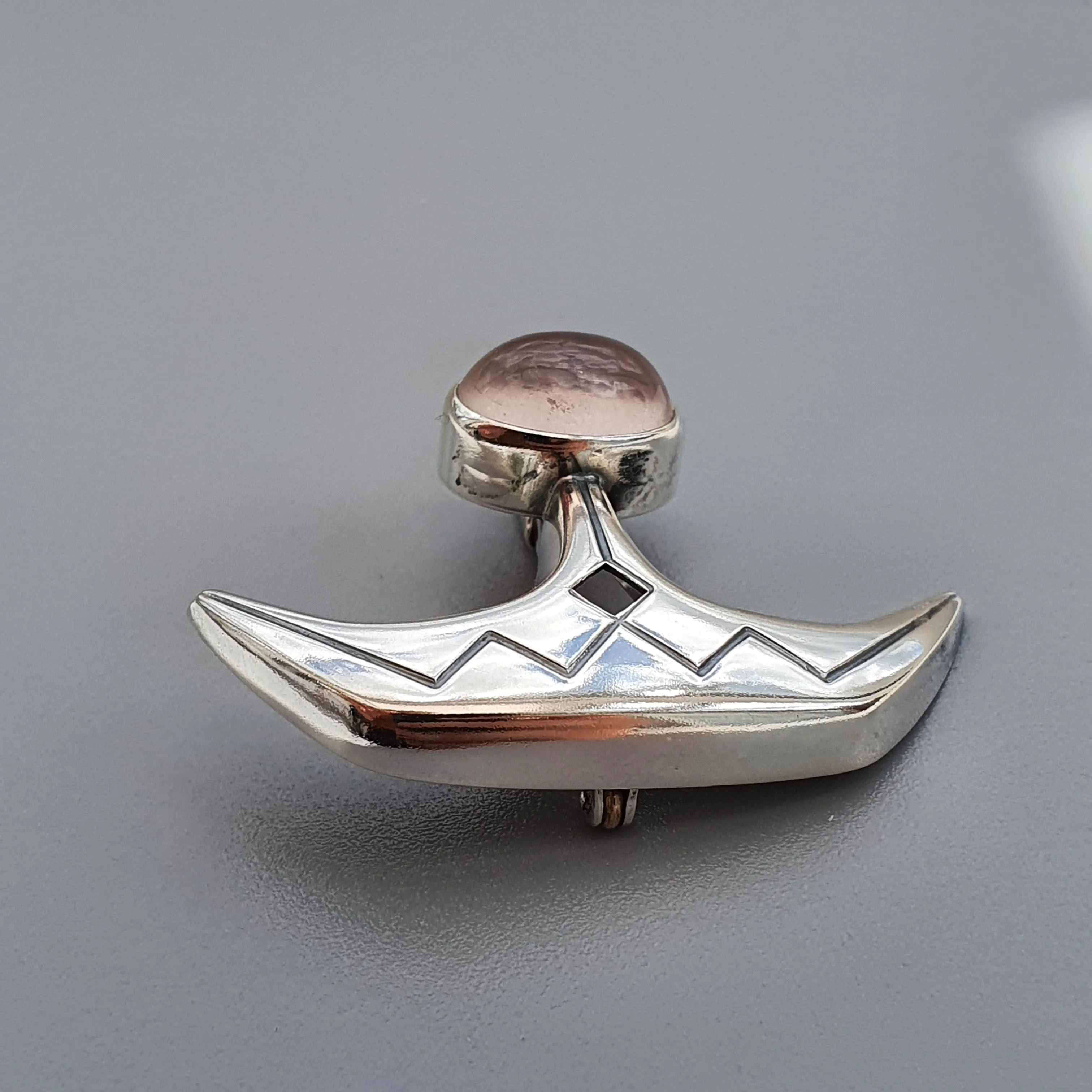 Vintage 1960s Modernist Silver & Rose Quartz Vintage Brooch by Elis Kauppi Kupittaan Kulta