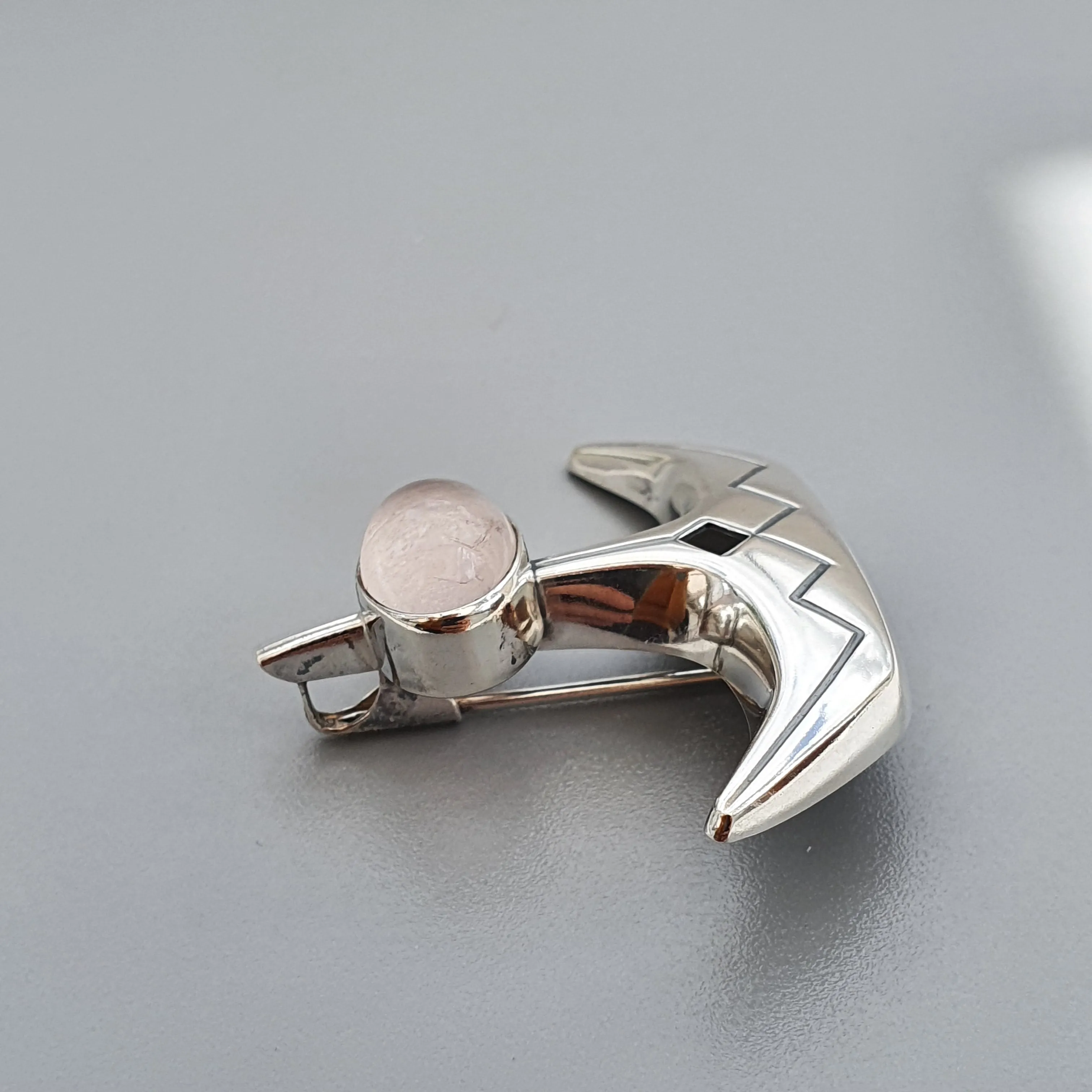 Vintage 1960s Modernist Silver & Rose Quartz Vintage Brooch by Elis Kauppi Kupittaan Kulta