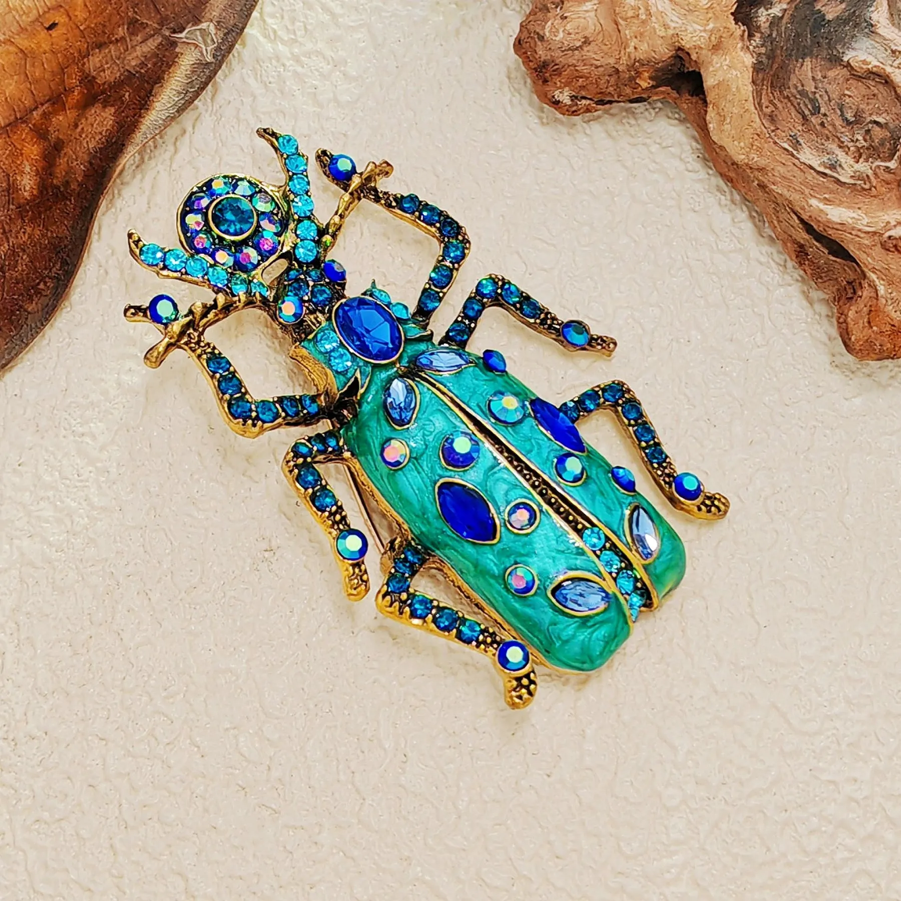 Vintage Big Turquoise Blue Bug Brooch Pin with AB Accent Egyptian Beetle Jewelry