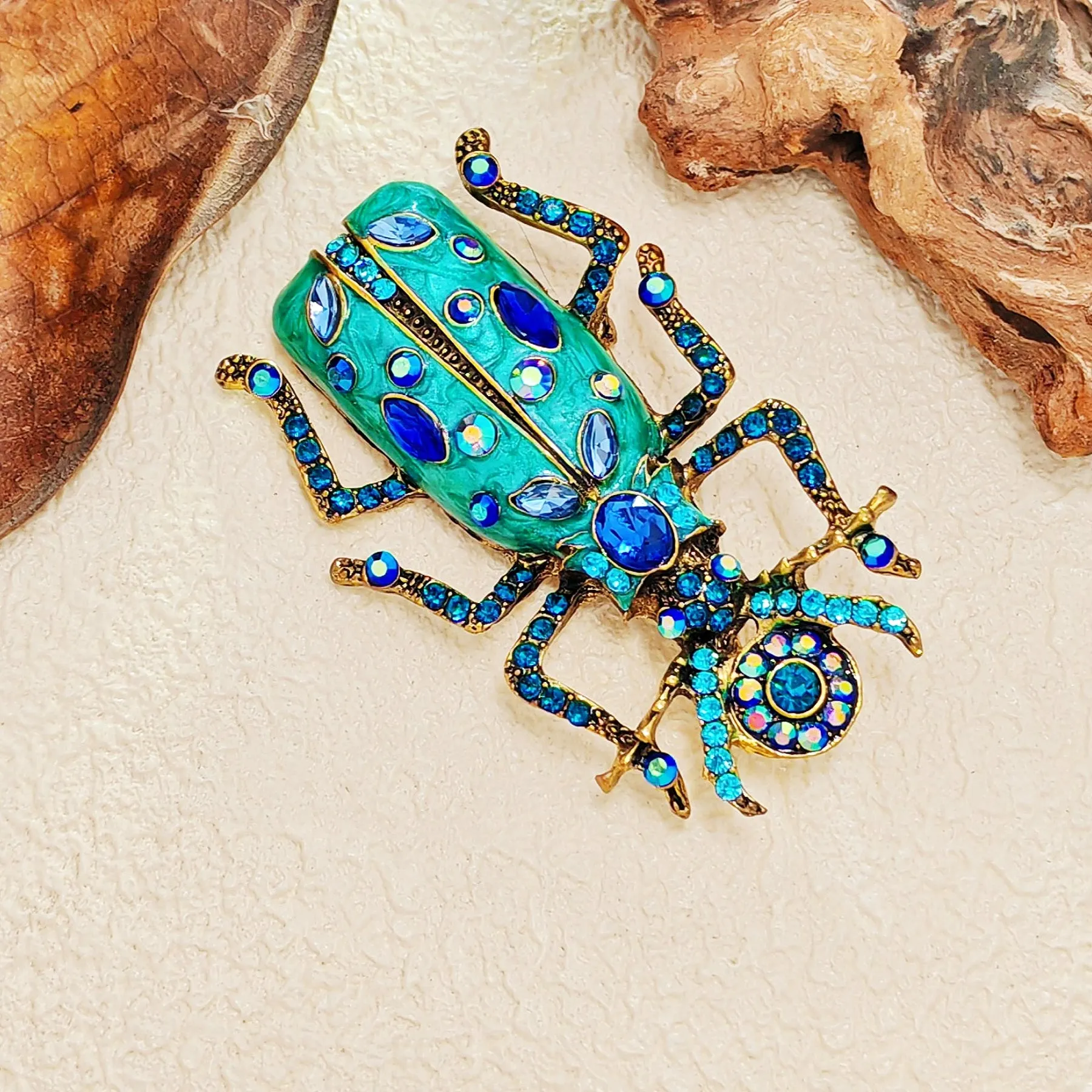 Vintage Big Turquoise Blue Bug Brooch Pin with AB Accent Egyptian Beetle Jewelry