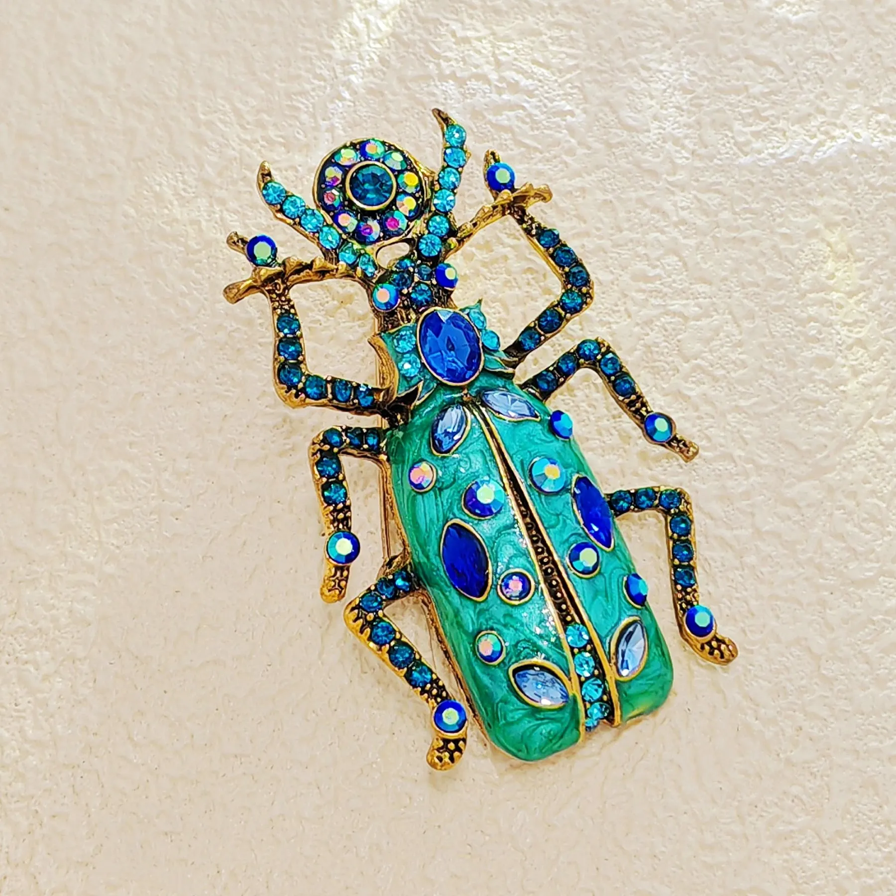 Vintage Big Turquoise Blue Bug Brooch Pin with AB Accent Egyptian Beetle Jewelry