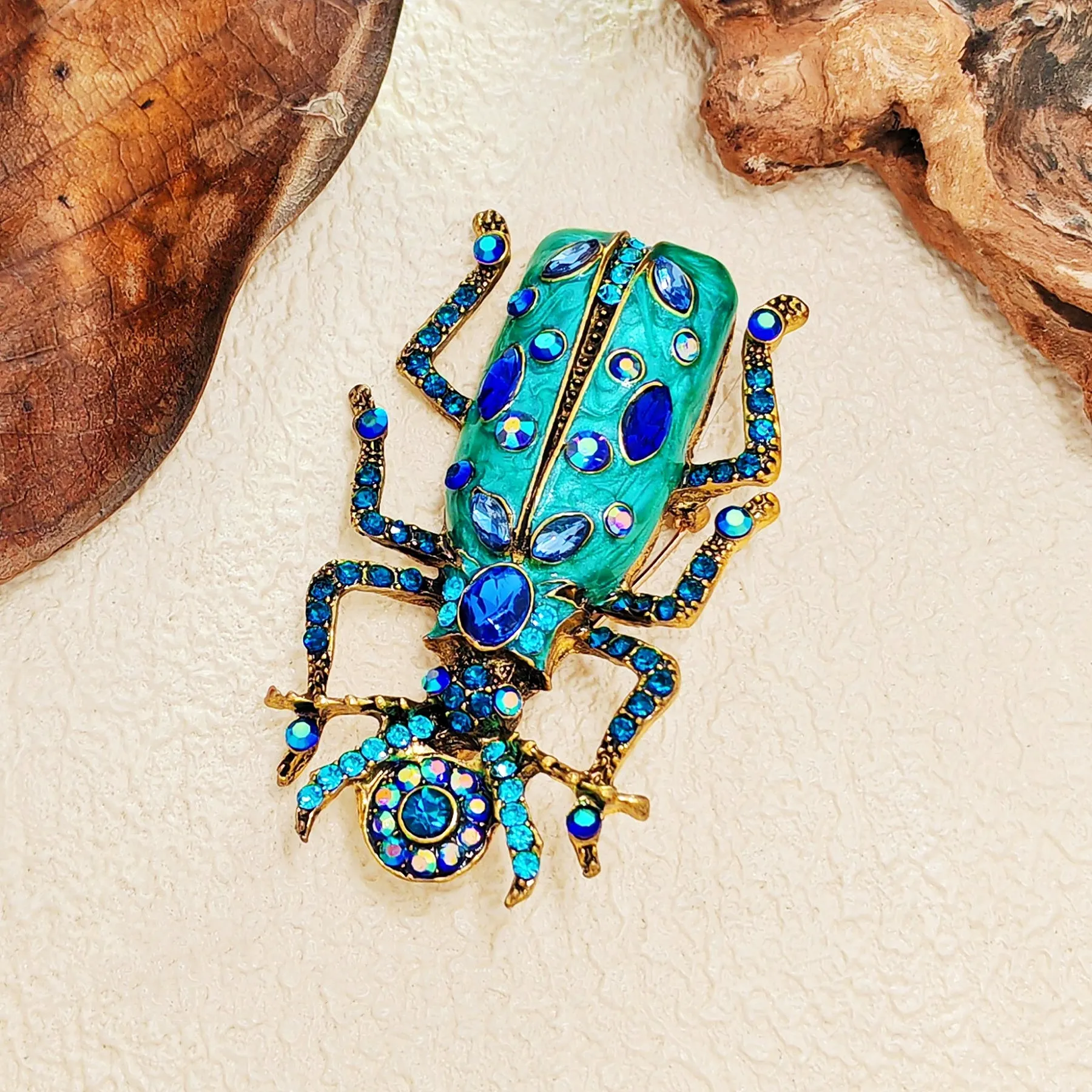 Vintage Big Turquoise Blue Bug Brooch Pin with AB Accent Egyptian Beetle Jewelry