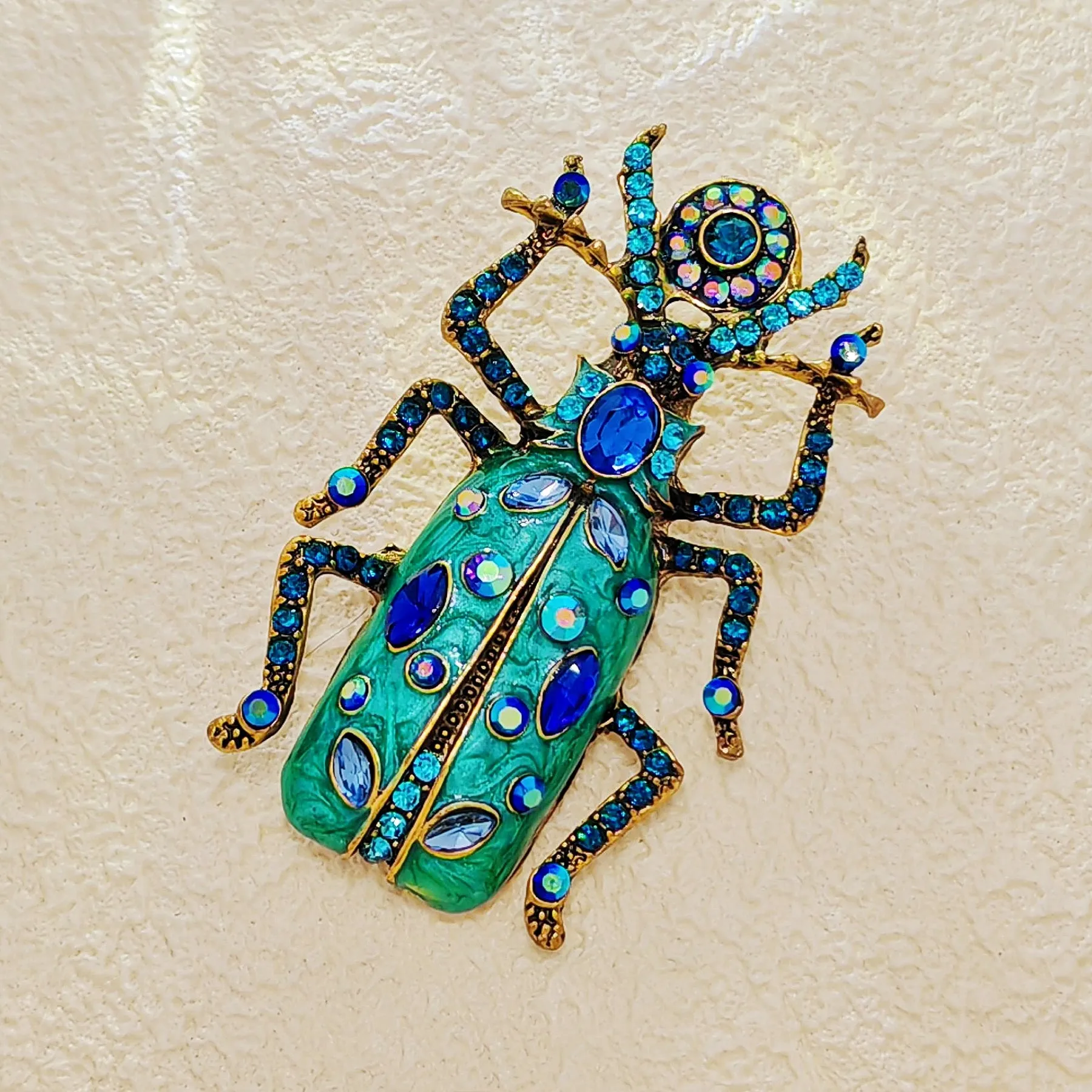 Vintage Big Turquoise Blue Bug Brooch Pin with AB Accent Egyptian Beetle Jewelry