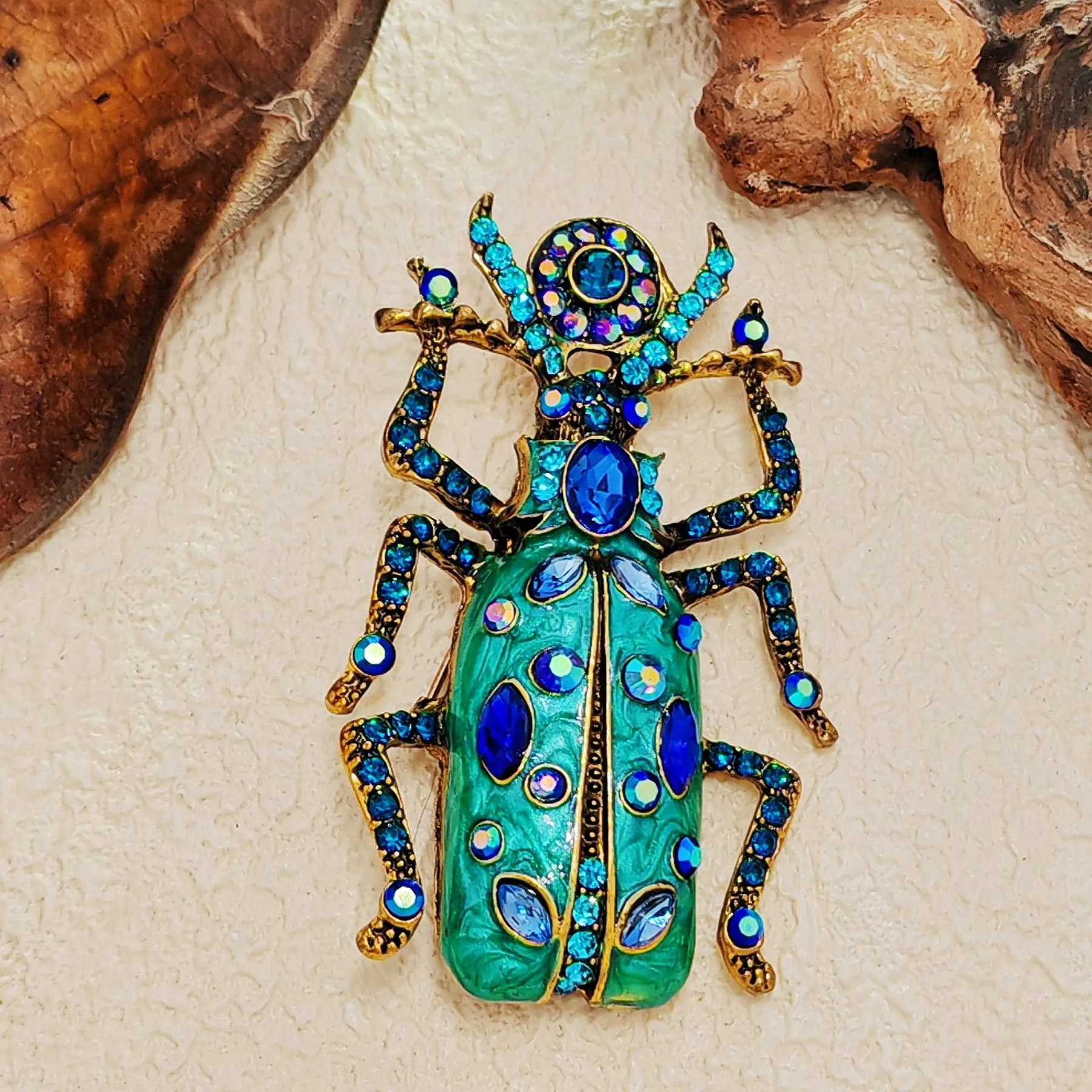 Vintage Big Turquoise Blue Bug Brooch Pin with AB Accent Egyptian Beetle Jewelry