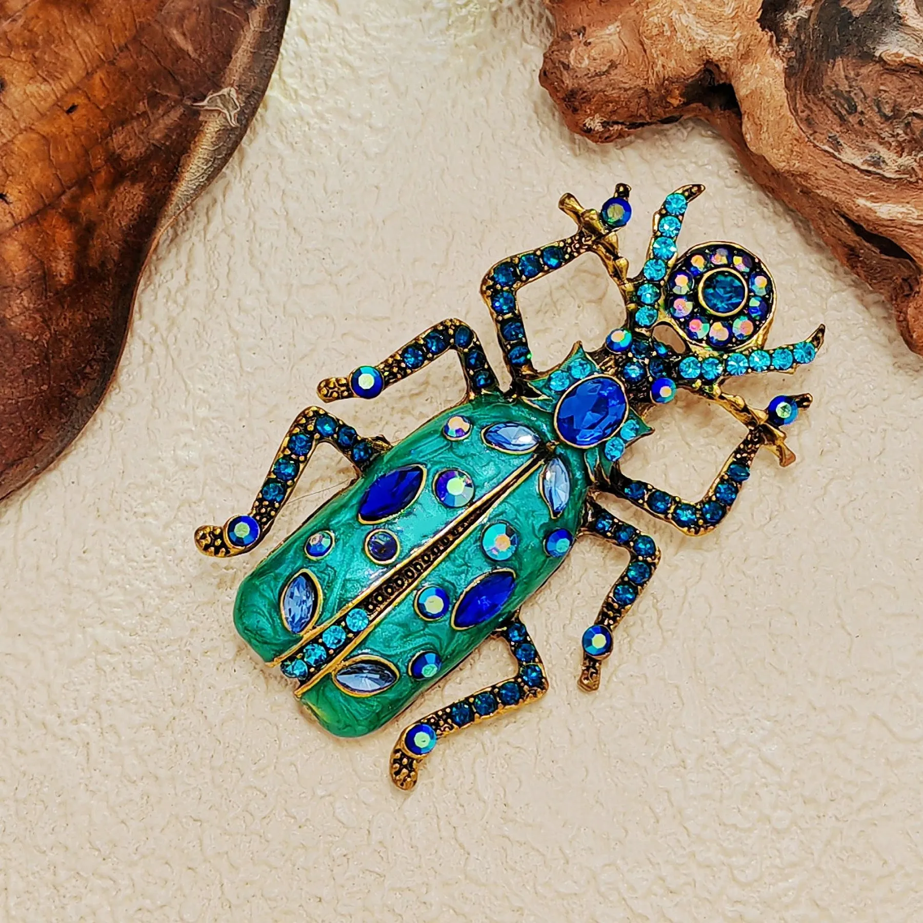 Vintage Big Turquoise Blue Bug Brooch Pin with AB Accent Egyptian Beetle Jewelry