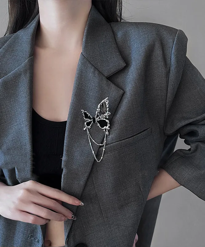 Women Black Metal Butterfly Tassel Brooches