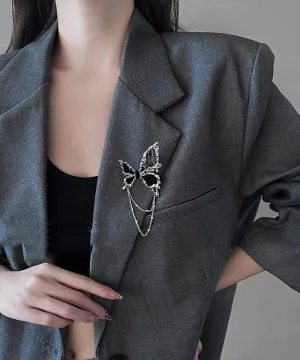 Women Black Metal Butterfly Tassel Brooches