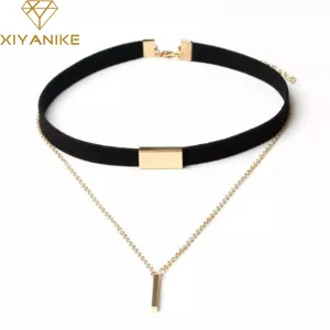 XIYANIKE New Black Velvet Choker Necklace Gold Chain Bar Chokers Necklace For Women collares mujer collier ras du cou N664